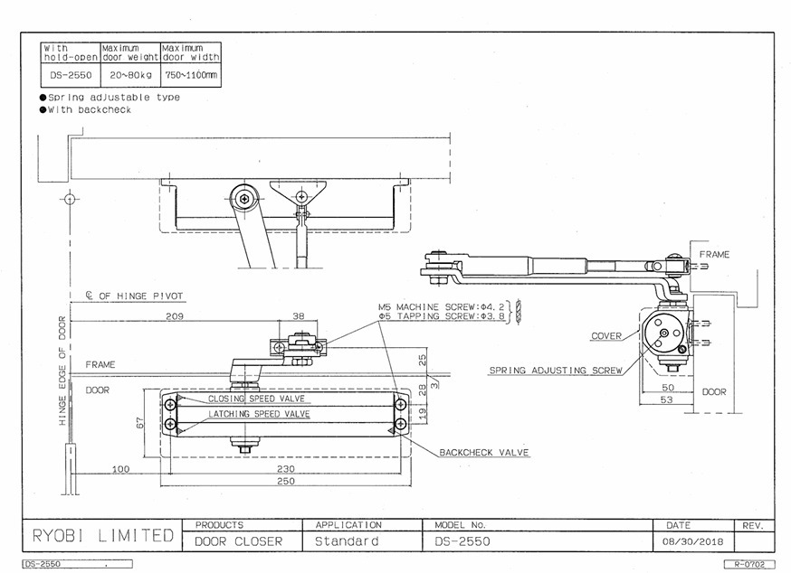 Дотягувач Накладний Ryobi 2550 Ds-2550 Silver Bc Std_ho_arm En_1-4 До_80кг 1100мм-фото-11 Фото 11 - Дотягувач Накладний Ryobi 2550 Ds-2550 Silver Bc Std_ho_arm En_1-4 До_80кг 1100мм.