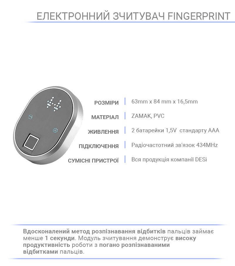 Зчитувач електронний DESi Fingerprint чорний доступ за відбитком пальця-фото-2 Фото 2 - Зчитувач електронний DESi Fingerprint чорний доступ за відбитком пальця.